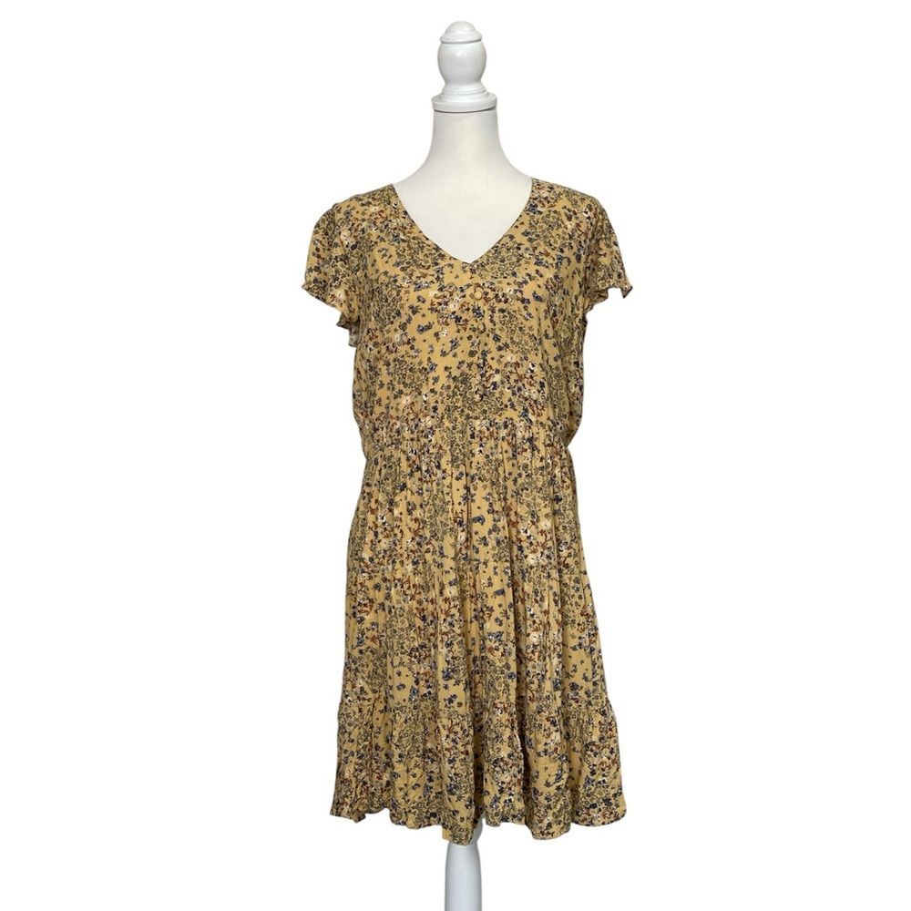 Maurices Yellow Floral Boho Dress Cottagecore Prairie Tiered Mini Dress Size LRG